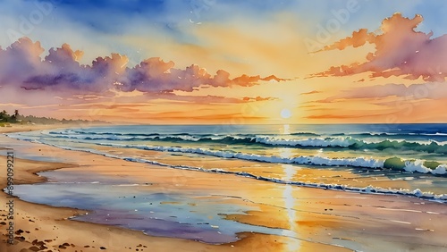 A tranquil beach scene at sunrise, with gentle waves, golden sunlight, and a peaceful atmosphere, watercolor painting 