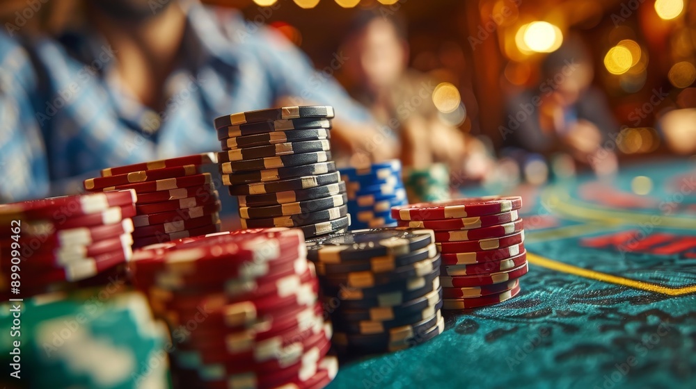 Stacks of poker chips standing on a green felt table in a casino, with a croupier distributing more chips in the background Stacks of poker chips standing on a green felt table in a casino, with a croupier distributing more chips in the background