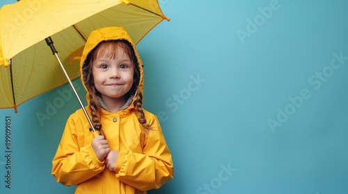 Little Girl in Yellow Raincoat Holding Umbrella