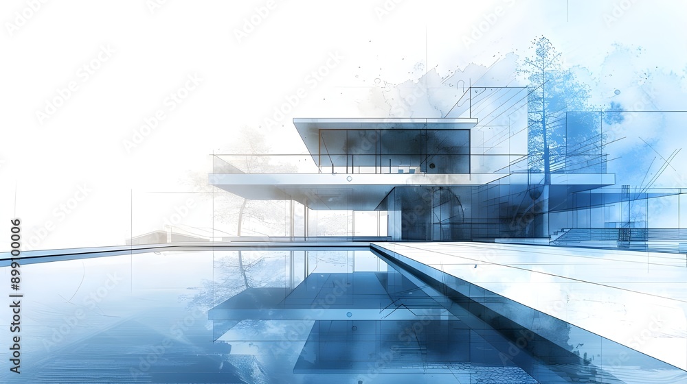 Fototapeta premium Modern House Design with Swimming Pool in Sketch Style.