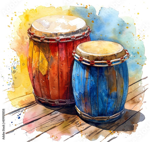 A watercolor illustration of a pair of Cuban bongo drums photo