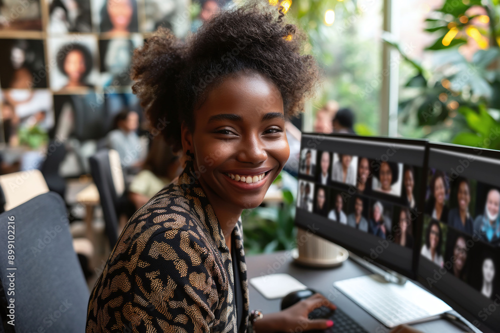 Joyful Black woman smiling while working at a computer in a vibrant office environment. Joyful Black woman smiling while working at a computer in a vibrant office environment.
