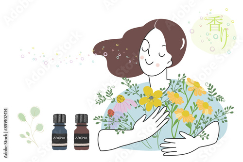 花束を持つ女性・花の香り・アロマ・精油