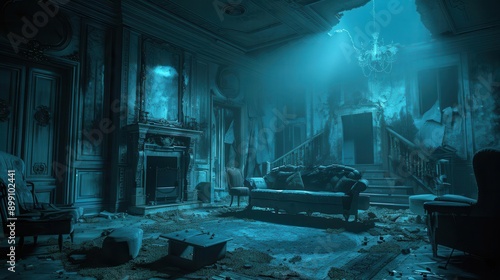 Creepy abandoned mansion at night, haunting shadows, old and decayed furniture, soft blue light, gothic and spooky, high detail, digital art, supernatural vibe