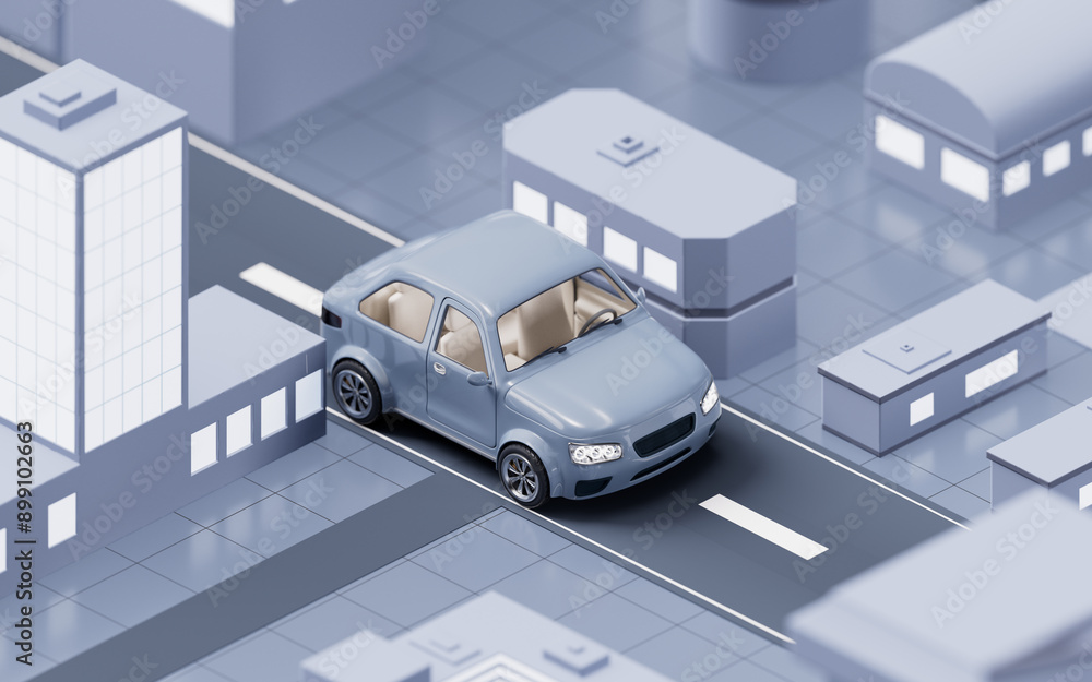 Automobile car driving on the city street, 3d rendering. Automobile car driving on the city street, 3d rendering.