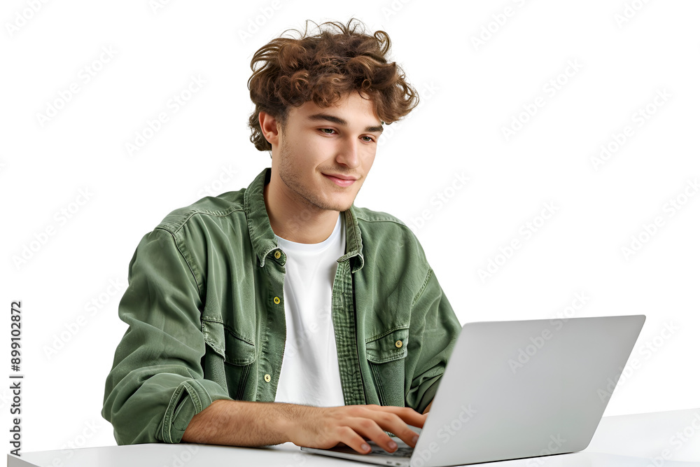 Fototapeta premium Handsome young man using laptop isolated on white
