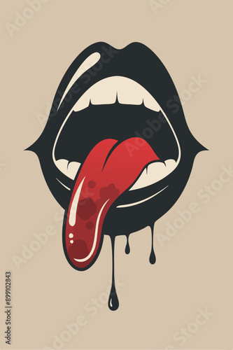 Red tongue and lips with bloods liquid vintage effect and retro for your design Tshirt, or apparel design