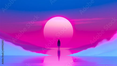 Silhouette of Person Against Large Pink Sunset
 photo