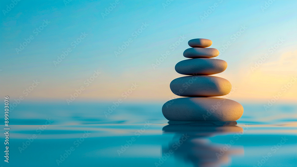 A serene arrangement of smooth, balanced stones stacked on tranquil water at sunset, symbolizing peace, harmony, and meditation in a minimalist setting.
