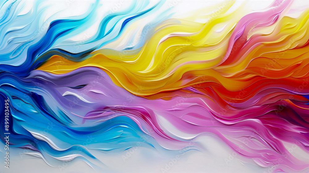 Obraz premium Dynamic abstract painting featuring vibrant waves of blue, yellow, purple, and pink colors, creating a sense of movement and energy. 