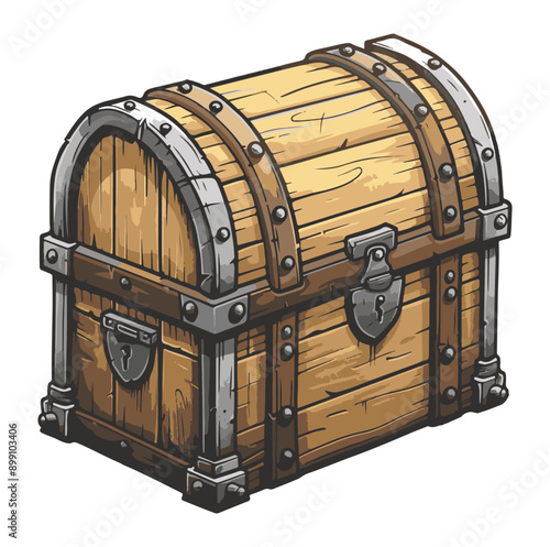 Wooden chest with metal accents, hinges, and lock cartoon illustration vector generative ai