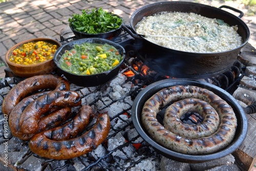 
An inviting photo capturing a South African braai, featuring an array of sausages and side dishes, all cooked on a traditional outdoor grill. photo