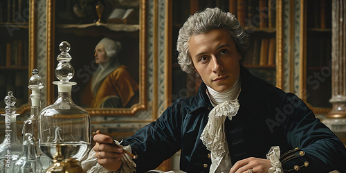 Lavoisier Antoine Laurent, French chemist, scientist, astronomer, in a chair with a white wig in an office with books.