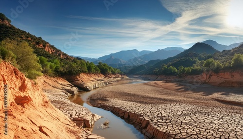 A winding river cuts through the cracked earth of a dried up lake in a mountainous valley