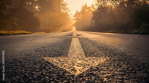 Lowangle view of a road with a forwardpointing arrow, bathed in the warm light of sunrise photo