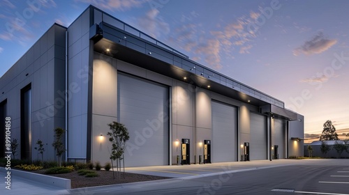 Modern warehouse building with clean lines and large doors, captured in the soft, diffused light of evening