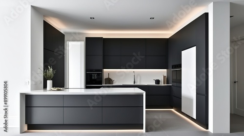 Wallpaper Mural A sleek kitchen interior embodying a minimalist concept, where the harmonious blend of dark gray and white hues creates a sense of balance and sophistication, with the dark gray tone applied to the ca Torontodigital.ca