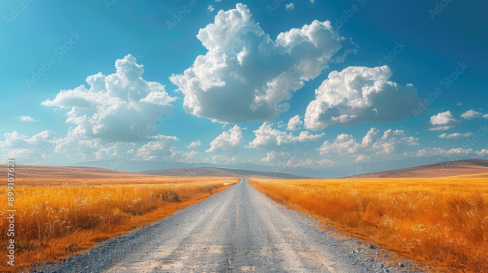 Road in the steppe and blue sky with clouds Landscape nature background Road in the steppe and blue sky with clouds Landscape nature background