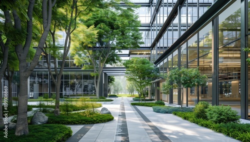 Modern office building exterior with glass walls and green trees, courtyard landscape design