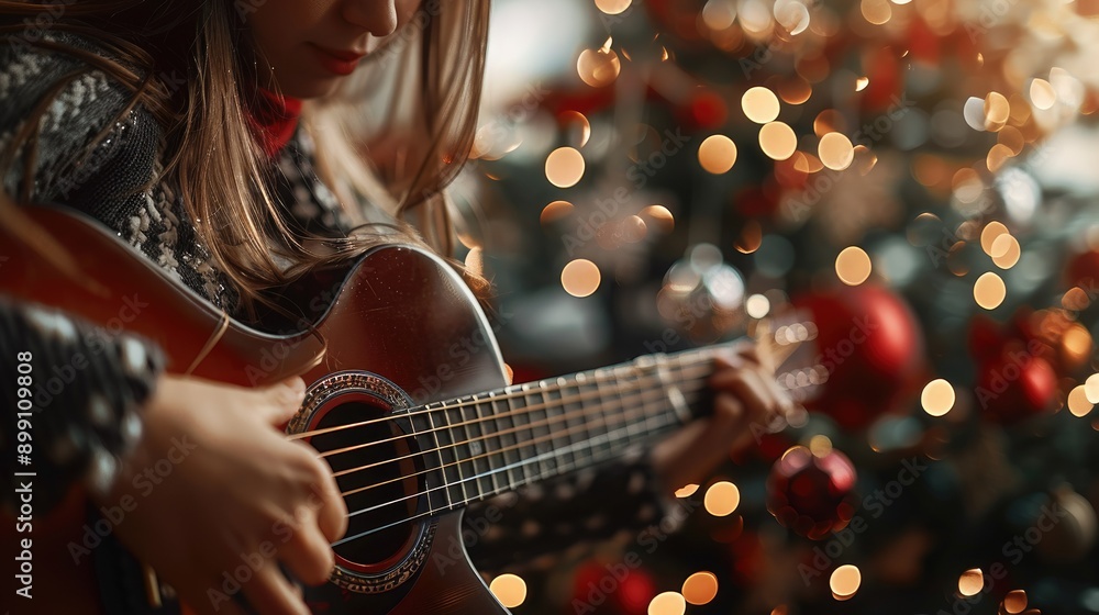 Fototapeta premium Woman Playing Guitar in Festive Christmas Setting with Bokeh Lights in Background