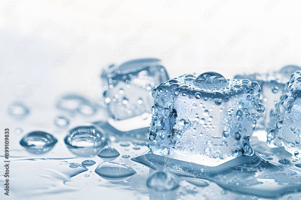 three ice cubes slowly melting on a glass table against a white background three ice cubes slowly melting on a glass table against a white background