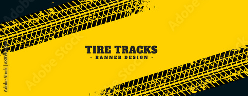 abstract tire tracks mark yellow banner in grungy style