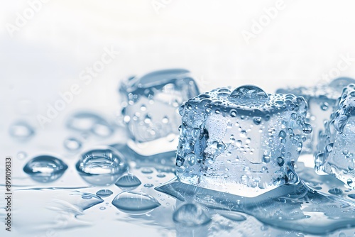 three ice cubes slowly melting on a glass table against a white background