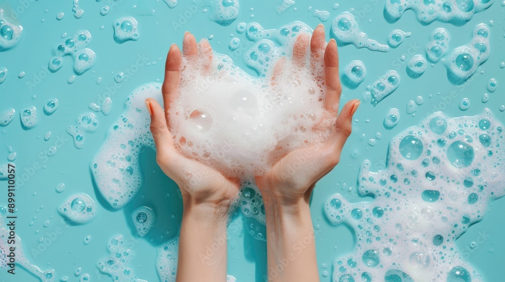 Clean Hands with Soapy Bubbles on Blue Background - Hygiene and Skincare Concept Clean Hands with Soapy Bubbles on Blue Background - Hygiene and Skincare Concept