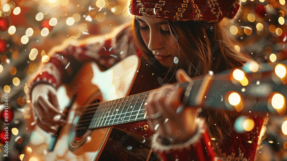 Fototapeta premium Young Woman Playing Guitar in Cozy Christmas Setting with Festive Lights and Bokeh