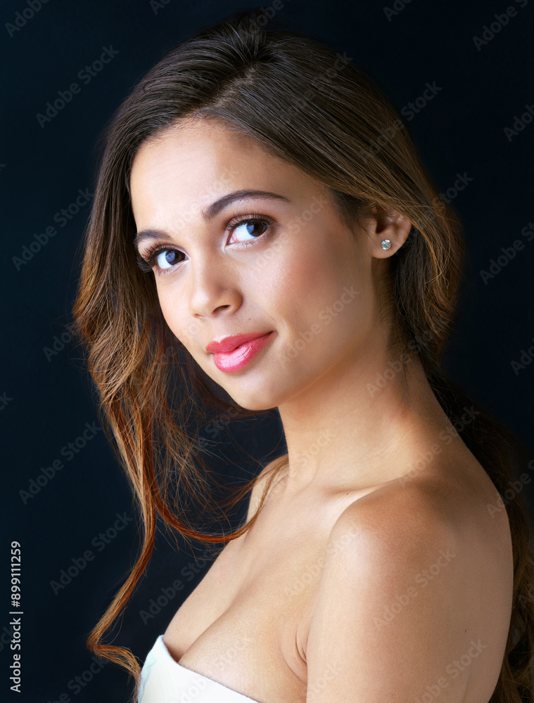 Portrait, smile and woman with makeup in studio for beauty shine, treatment or satisfaction. Lipstick, feminine and female person with pride on black background for cosmetics, results or glowing skin Portrait, smile and woman with makeup in studio for beauty shine, treatment or satisfaction. Lipstick, feminine and female person with pride on black background for cosmetics, results or glowing skin