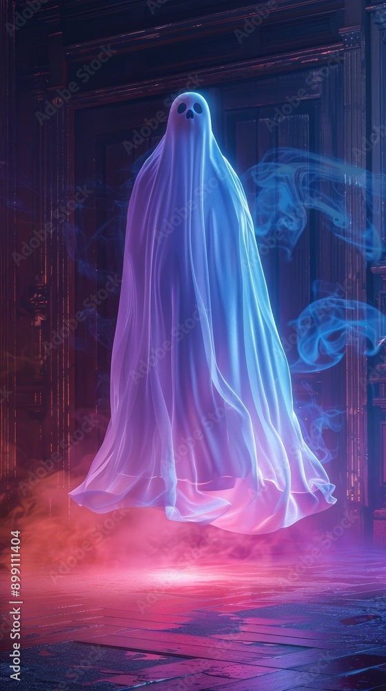 Mysterious Floating Ghost in Haunted Mansion with Eerie Colorful Smoke Effects at Night Mysterious Floating Ghost in Haunted Mansion with Eerie Colorful Smoke Effects at Night