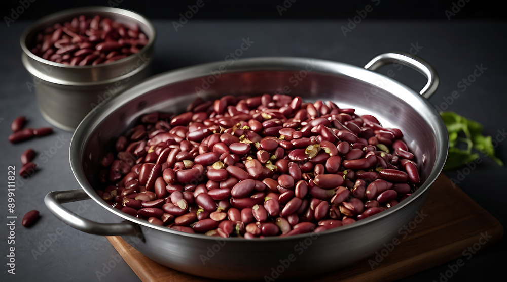 Closeup of Red Chitra Rajmas or kidney beans soaked in distilled water in a metal pan, silver bowl with plain backdrop and copy space
Closeup of Red Chitra Rajmas or kidney beans soaked in distilled water in a metal pan, silver bowl with plain backdrop and copy space