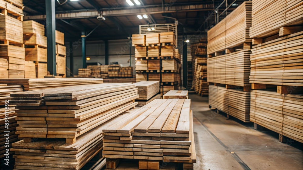A warehouse full of wood with a lot of stacks of wood A warehouse full of wood with a lot of stacks of wood