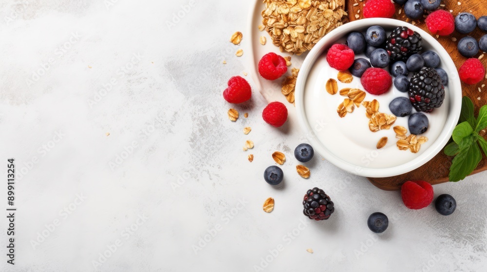 A bowl of yogurt topped with granola, fresh berries, and a sprinkle of chia seeds, surrounded by ingredients like oats, almonds, and honey on a marble countertop A bowl of yogurt topped with granola, fresh berries, and a sprinkle of chia seeds, surrounded by ingredients like oats, almonds, and honey on a marble countertop