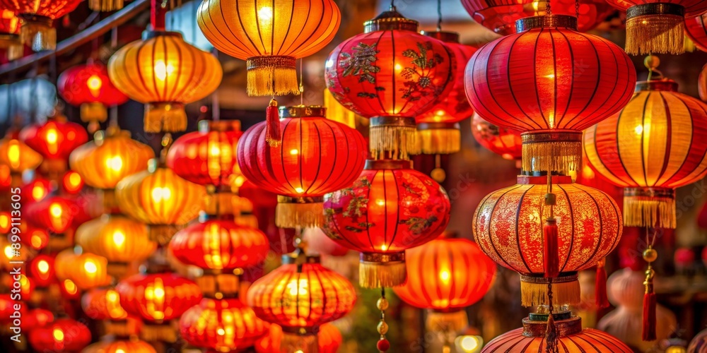 Vibrant Chinese New Year Lanterns Display with Traditional Decor, Festive Celebration Scene Vibrant Chinese New Year Lanterns Display with Traditional Decor, Festive Celebration Scene