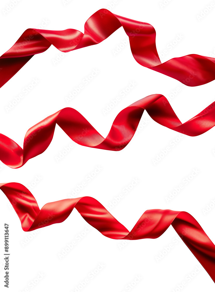 A red satin ribbon curled on a white background, perfect for Christmas, Valentine's, or any celebration A red satin ribbon curled on a white background, perfect for Christmas, Valentine's, or any celebration