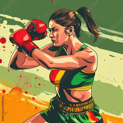 Indian athelete woman with boxing glubs on independace day background. Generative ai. photo