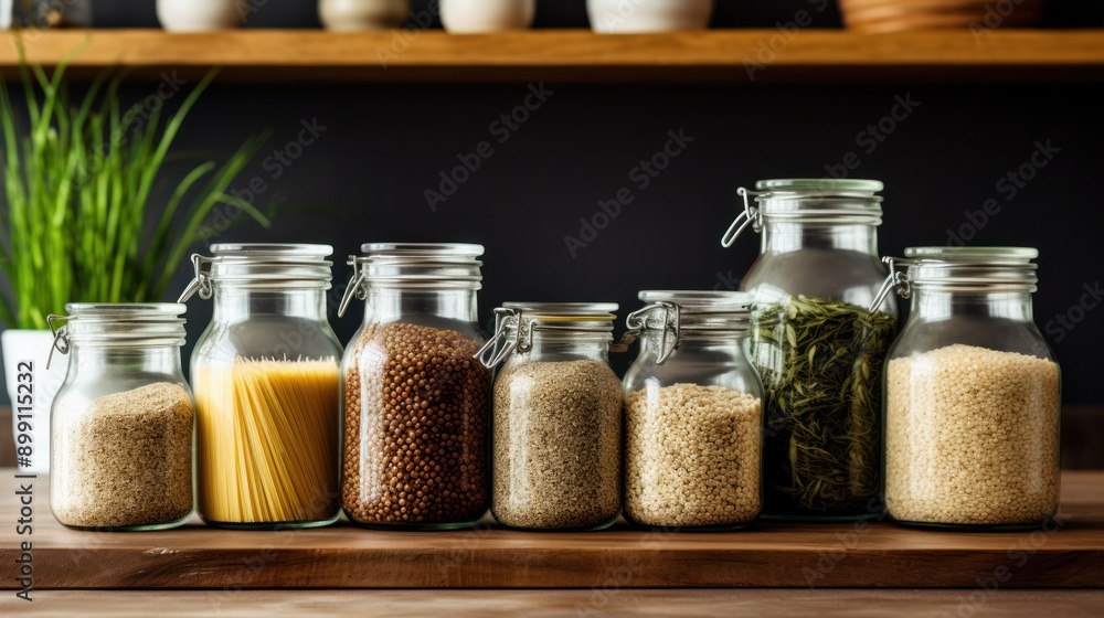 A variety of whole grains including quinoa, brown rice, and oats, displayed in glass jars next to bundles of fresh herbs and spices on a kitchen shelf. A variety of whole grains including quinoa, brown rice, and oats, displayed in glass jars next to bundles of fresh herbs and spices on a kitchen shelf.