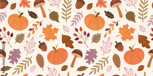 Seamless autumn folk pattern with pumpkins, mushrooms, leaves, branches, acorns, berries