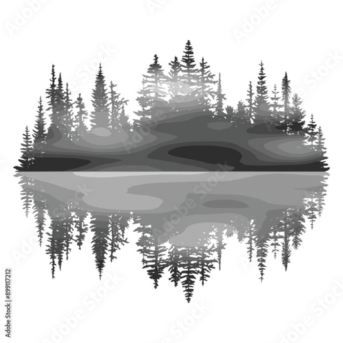 Forest reflected in water, wild lake, black and white landscape	