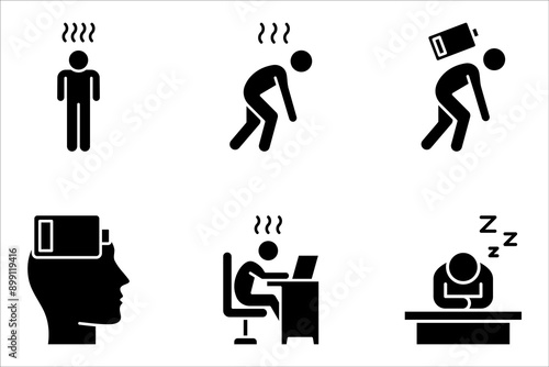 tired person icon set, fatigue or exhausted, stress, vector illustration on white background