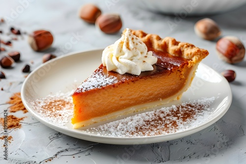 pumpkin pie and pumpkin latte with whipped cream together on a grey background