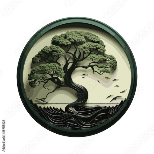 Circular silhouette of a majestic tree vector art style roots gripping tightly into the earth