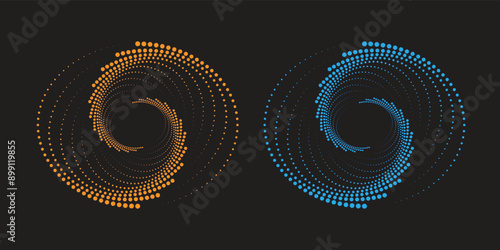 Halftone circular dotted frames set. Circle dots texture isolated on whte background. Spotted spray texture. Vector abstract design element spiral circle sound wave vector logo concept dots arts