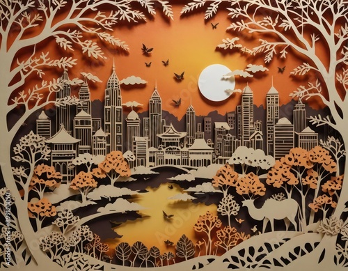 Autumn sunset in Kuala Lumpur .Paper Cutting IllustrationPaper Cutting Illustration Paper Craft.3D, Impressive tonal landscape .Fall background . Graphic resources . Travel promotions. photo