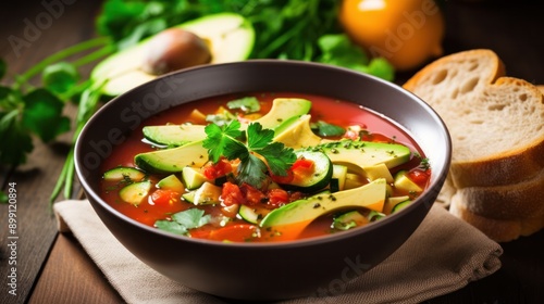 A colorful bowl of vegetable soup garnished with fresh herbs and a side of vegan sandwiches filled with avocado, tomato, and greens