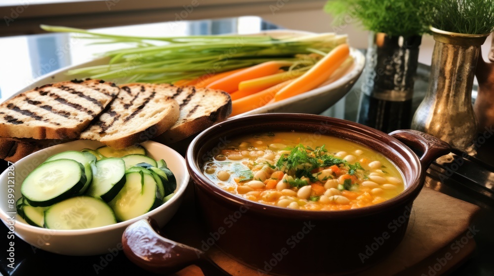 A hearty vegetable soup with chunks of carrots, celery, and beans, paired with open-faced vegan sandwiches topped with hummus and cucumber slices A hearty vegetable soup with chunks of carrots, celery, and beans, paired with open-faced vegan sandwiches topped with hummus and cucumber slices