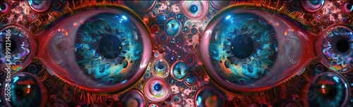 abstract kaleidoscope of eerie eyeballs peering out of the darkness photo