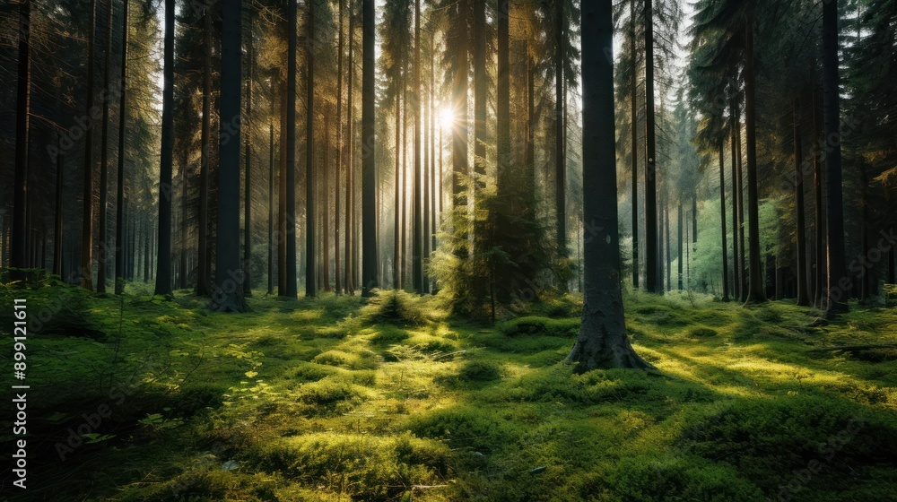 A peaceful scene of a vibrant spruce forest, showcasing the rich green colors of the trees under a bright sun, with dappled light filtering through the foliage. A peaceful scene of a vibrant spruce forest, showcasing the rich green colors of the trees under a bright sun, with dappled light filtering through the foliage.