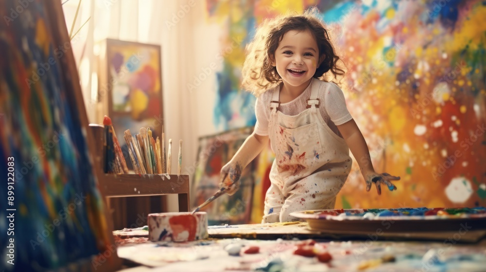 Fototapeta premium A small girl in a playful art studio, splashing bright hues onto a large easel, her expression a mix of concentration and sheer delight